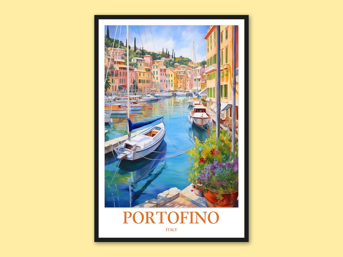 Portofino Italy Sailboats Quay Watercolor Poster with Flowers
