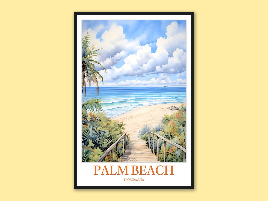 Palm Beach Florida Watercolor Boardwalk Beach Scene Travel Poster