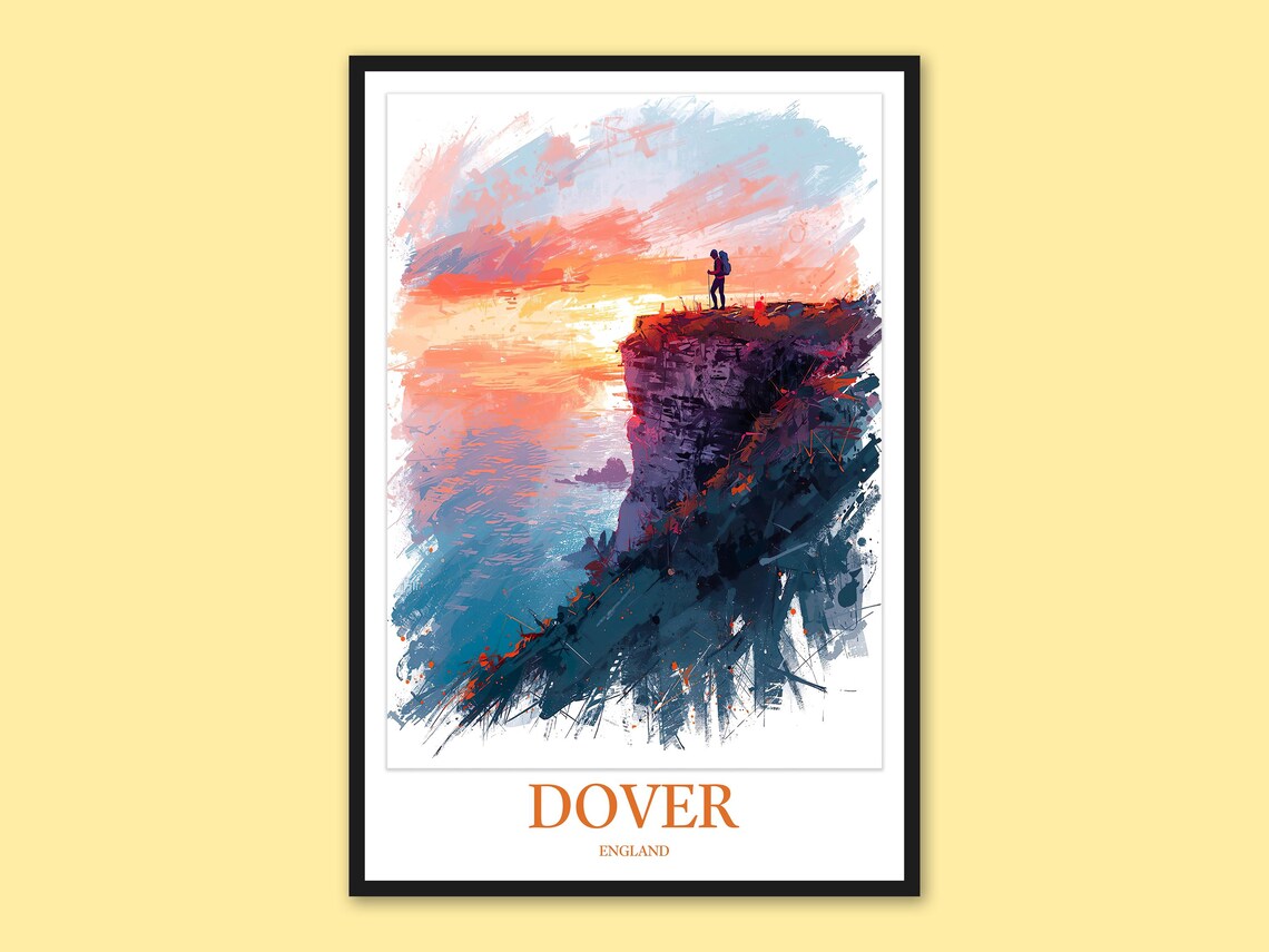 Dover England White Cliffs Hiker Watching Bright Sunrise Poster