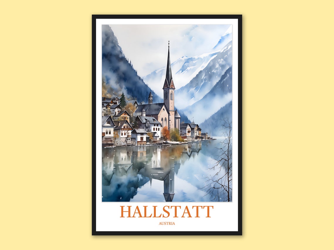 Hallstatt Austria Lakeside Church Alpine Lake Reflection Art Poster