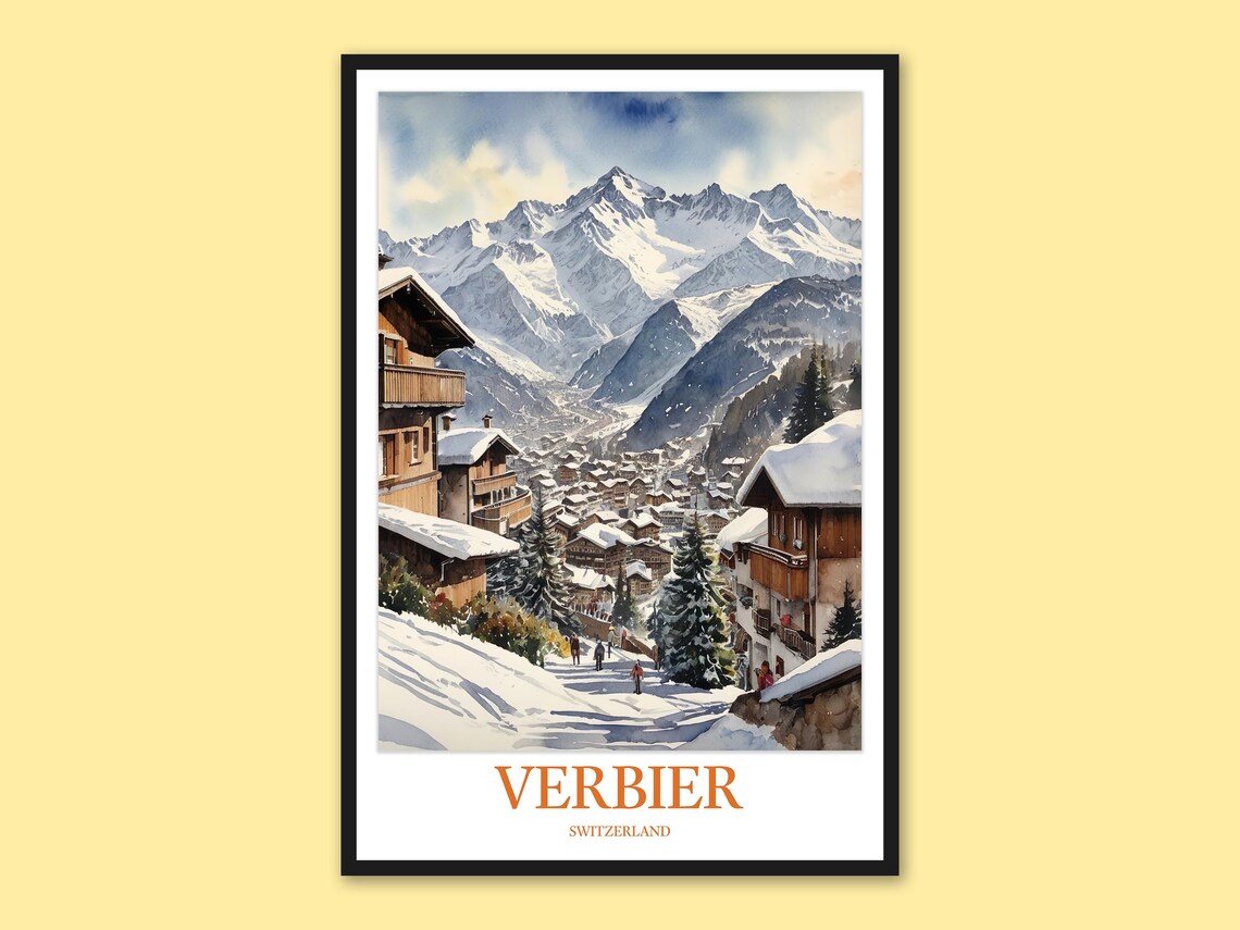 Verbier Switzerland Snowy Alpine Ski Village Watercolor Travel Poster