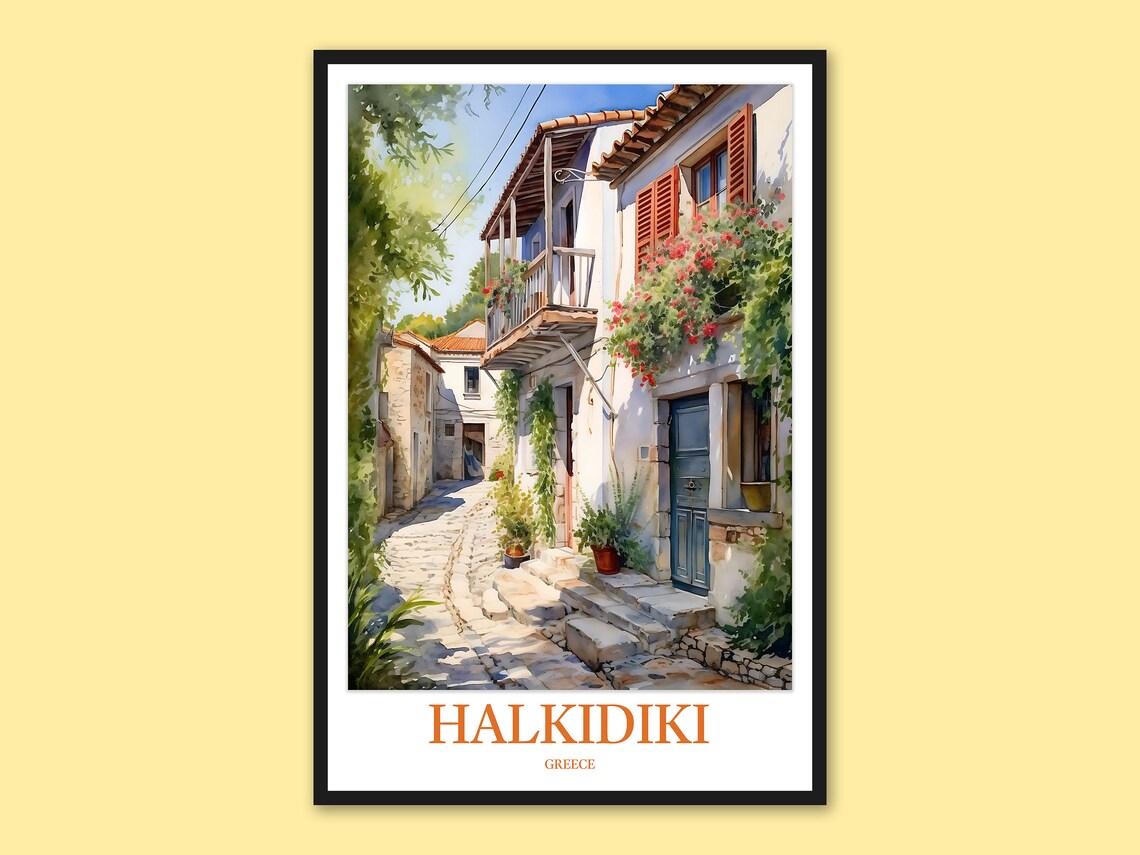 Halkidiki Greece Afitos Street Red Flowers Balcony Travel Poster