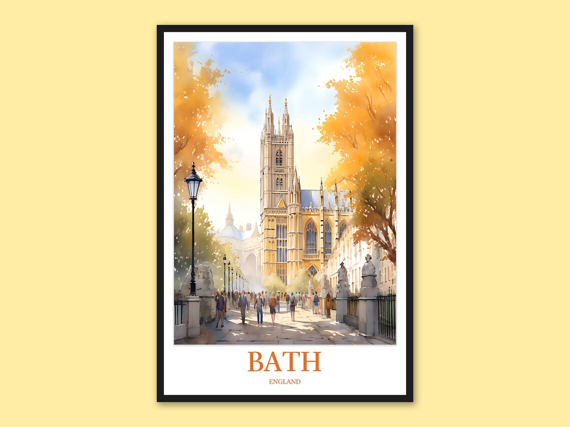 Bath England Bath Abbey Autumn Street Watercolor Travel Poster