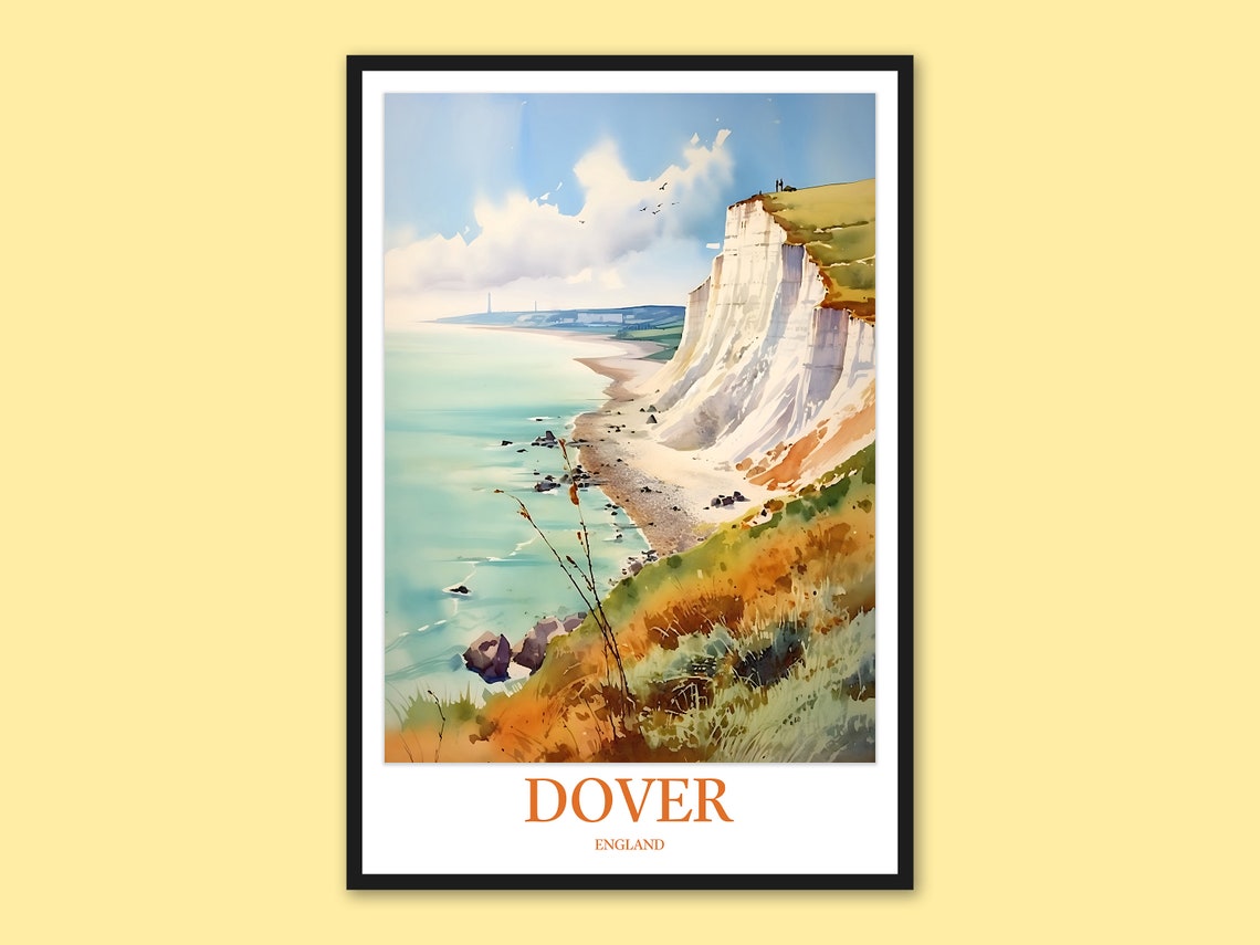 Dover White Cliffs Pebble Beach Sunny Watercolor England Poster