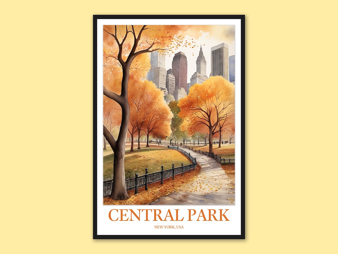 Central Park New York City Autumn Pathway Watercolor Travel Poster