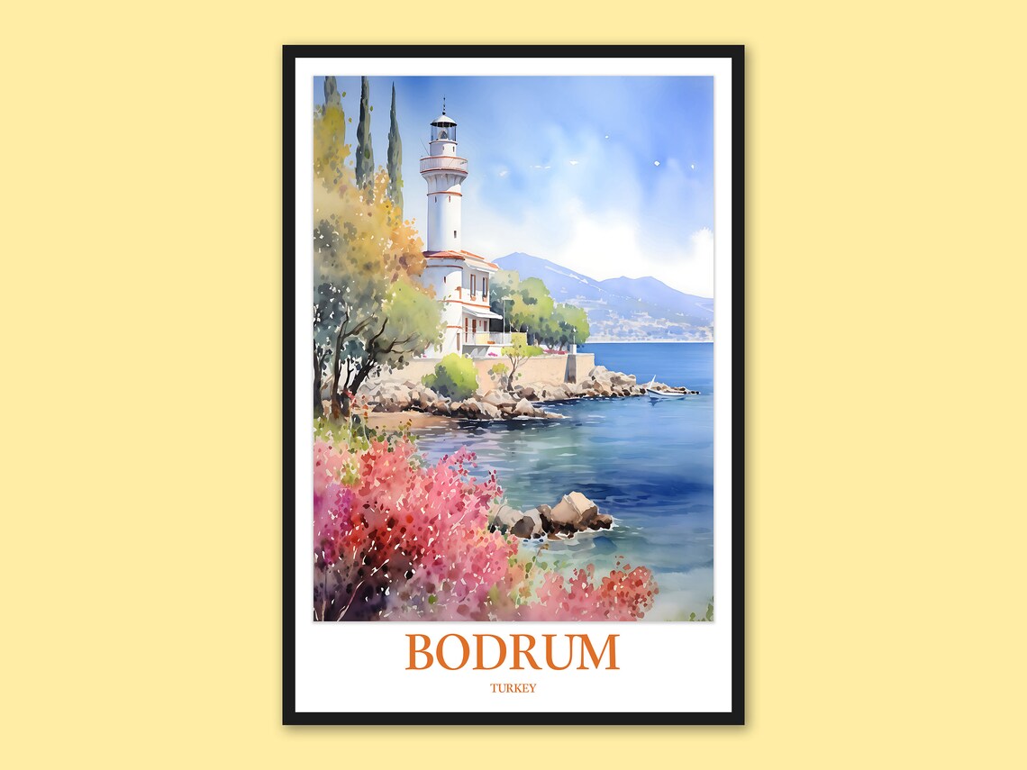 Bodrum Turkey Watercolor Lighthouse by the Sea Travel Poster