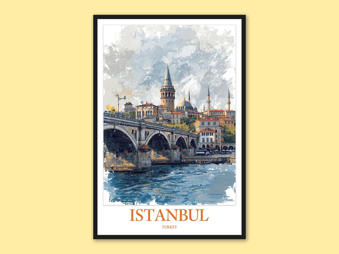 Istanbul Galata Tower Bridge Blue Tones Watercolor Poster Art