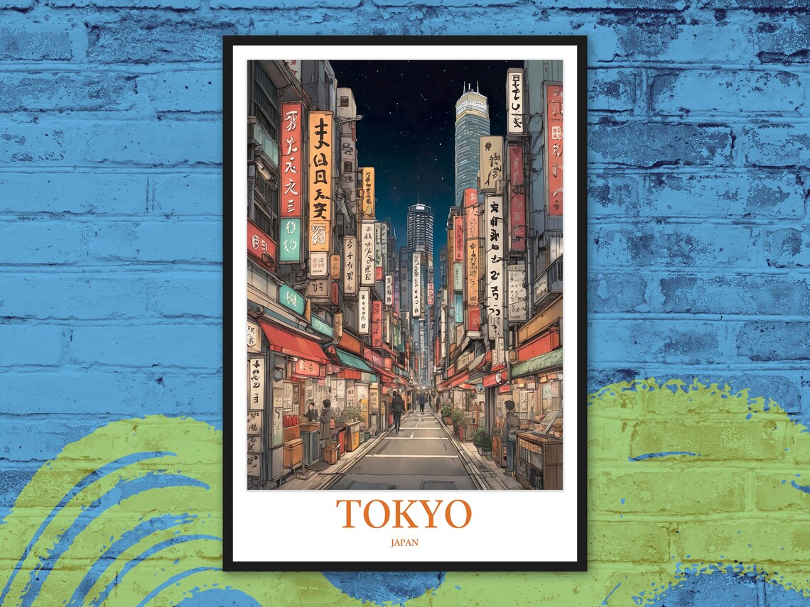 Tokyo Japan Night Neon Street Scene Shibuya Style Travel Poster