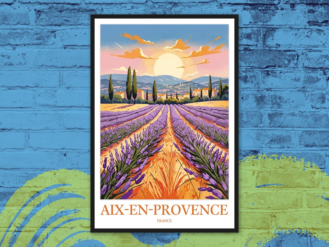 Aix-en-Provence Lavender Field Sunset Illustrated Travel Poster