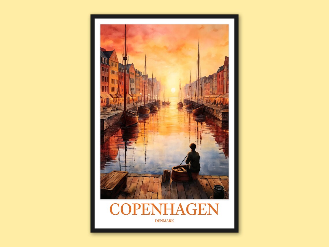 Copenhagen Denmark Nyhavn Harbour Golden Sunset Travel Poster
