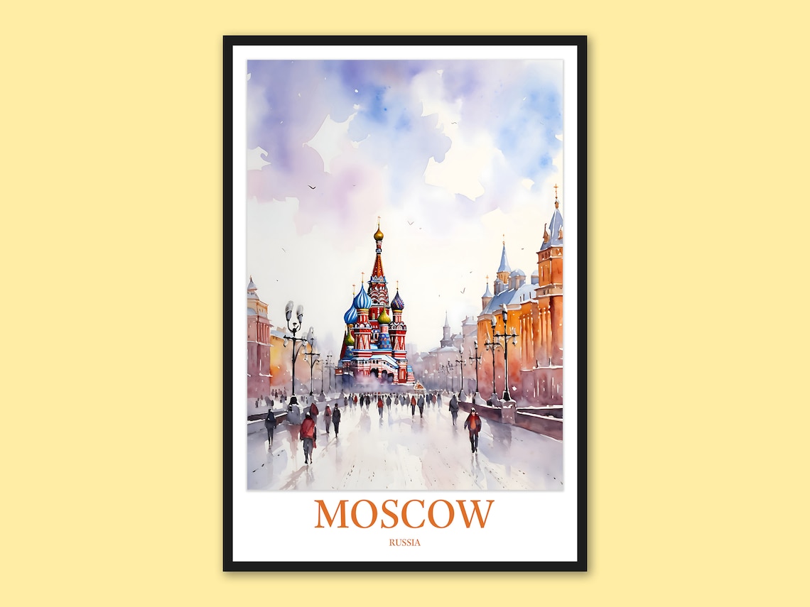 Moscow Red Square Snowy Boulevard Lovely Watercolor Art Poster