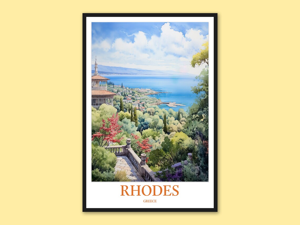 Rhodes Greece Coastal View Watercolor Painting Travel Poster