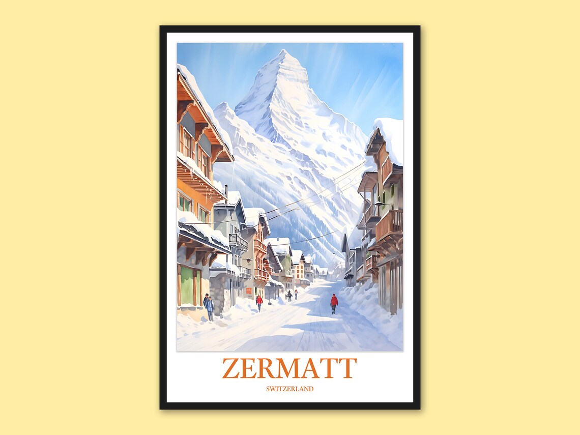 Zermatt Switzerland Matterhorn Snowy Village Street Travel Poster