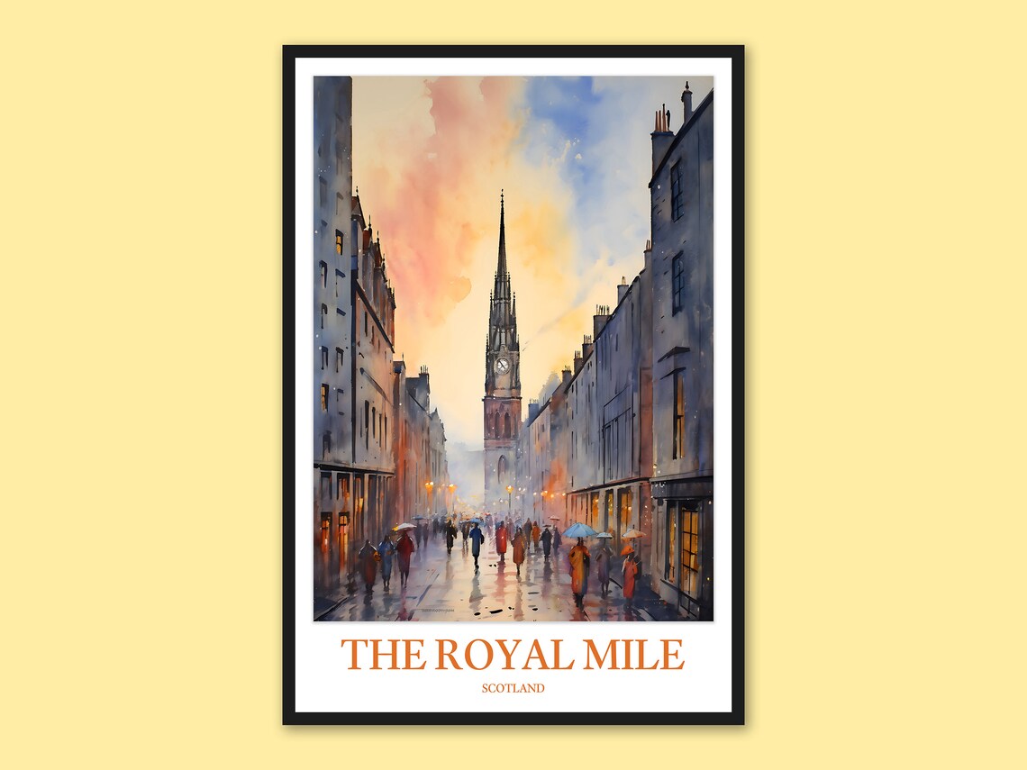 Royal Mile Edinburgh Scotland Rainy Evening Watercolor Travel Poster