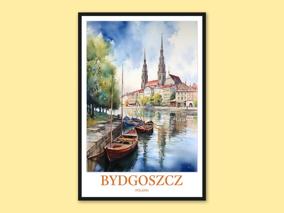 Bydgoszcz Riverfront Boats Church Towers Poland Watercolor Travel Poster