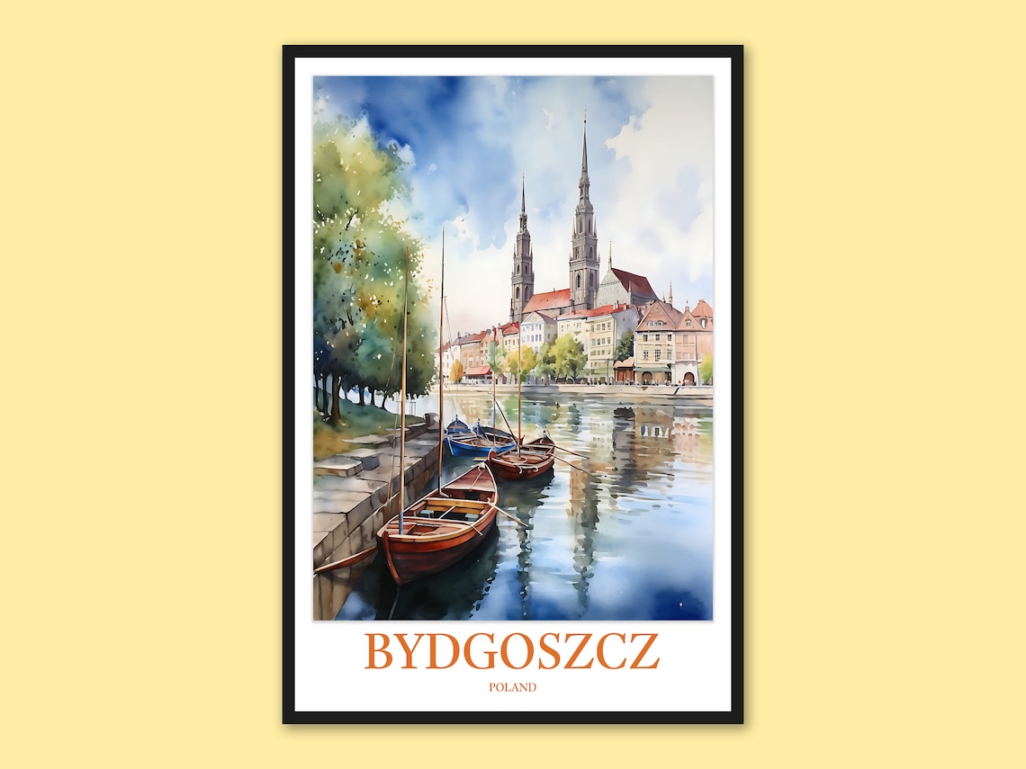 Bydgoszcz Riverfront Boats Church Towers Poland Watercolor Travel Poster