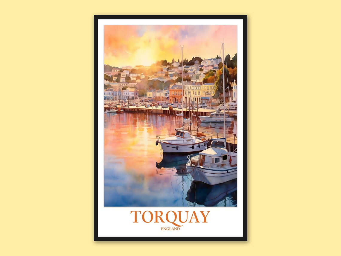 Torquay England Harbor Sunset Boats Watercolor Travel Poster