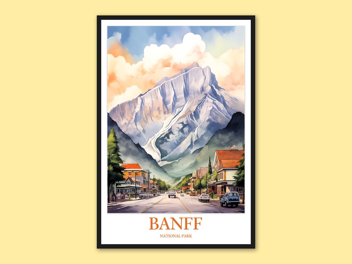 Banff National Park Mount Rundle Town Street Watercolor Poster