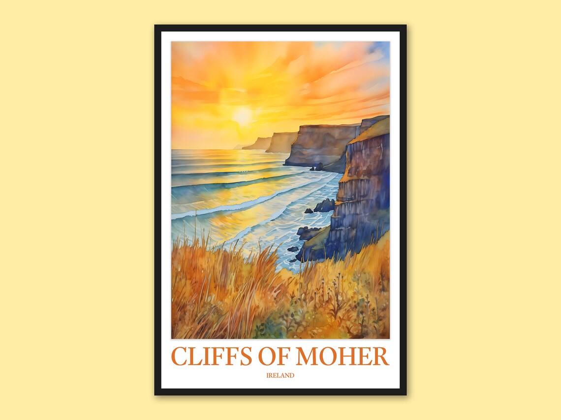 Cliffs Of Moher Ireland Golden Sunset Coast Watercolor Poster