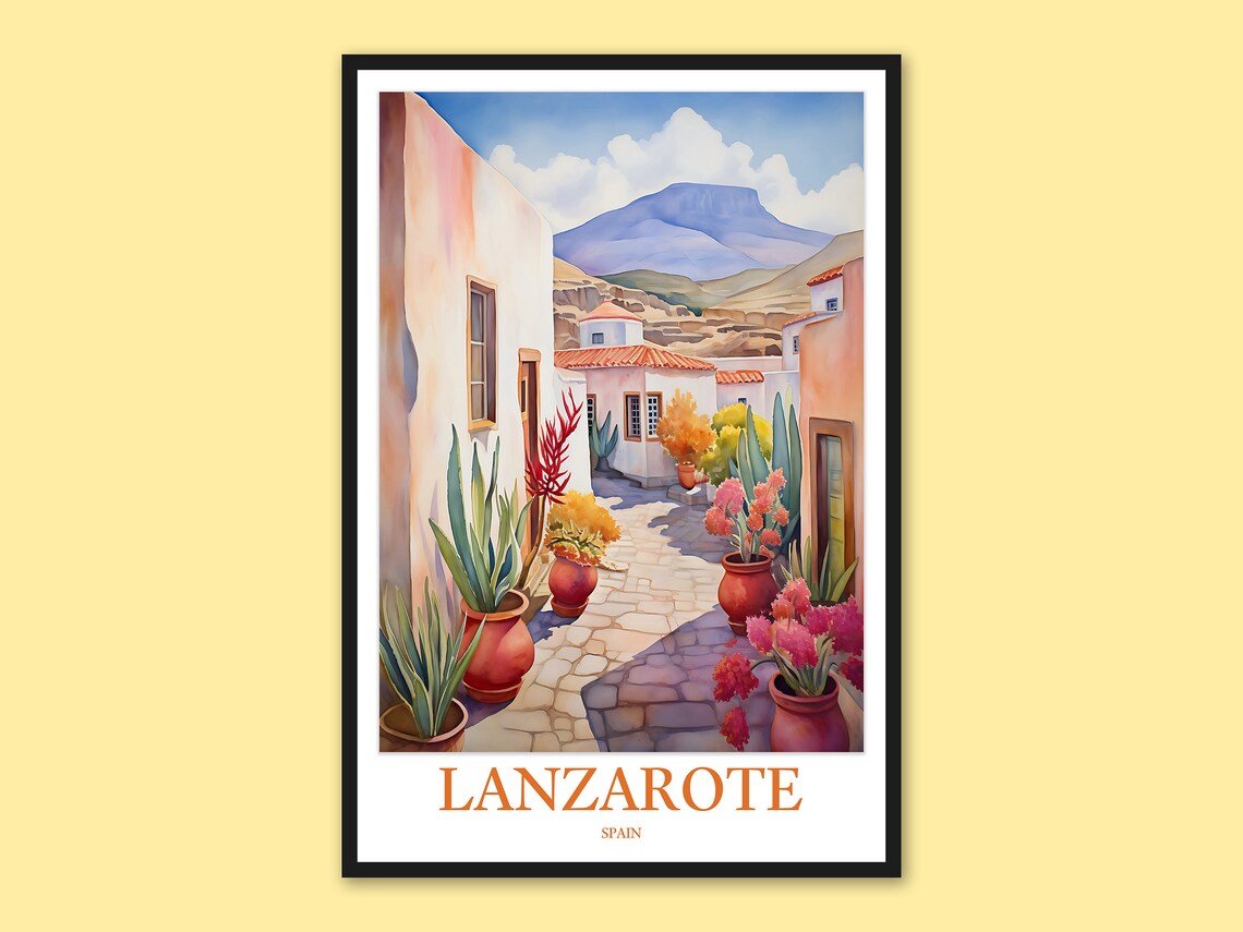 Lanzarote Village Lane Terracotta Pots Mountain Watercolor Poster