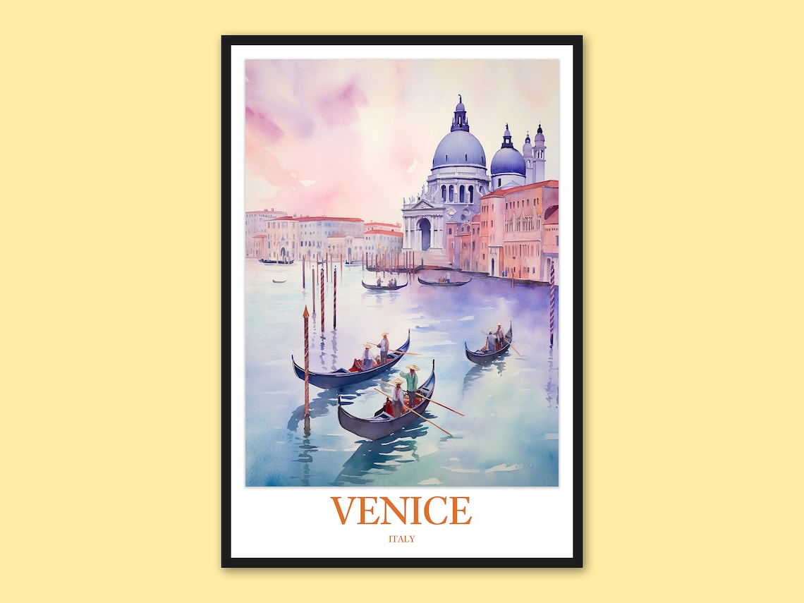 Venice Gondolas Sunset Canal Pink Sky Watercolor Travel Poster