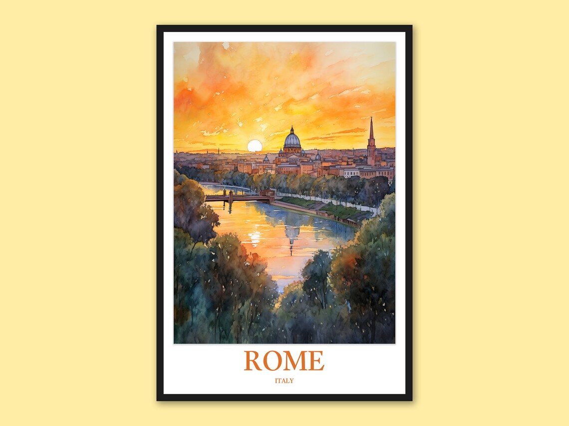 Rome Italy Sunset Watercolor Poster St Peters Dome Over Tiber River