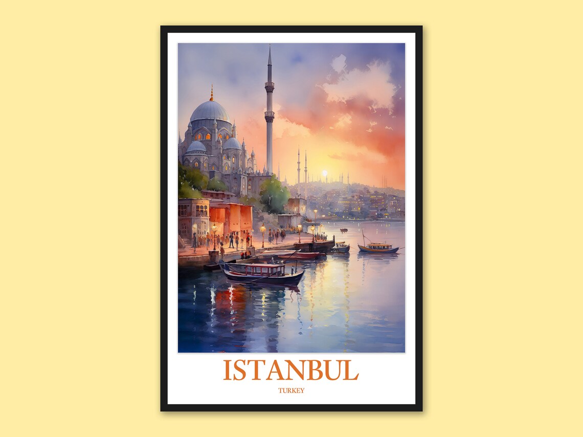 Istanbul Mosque At Dusk Harbor Boats Watercolor Travel Poster
