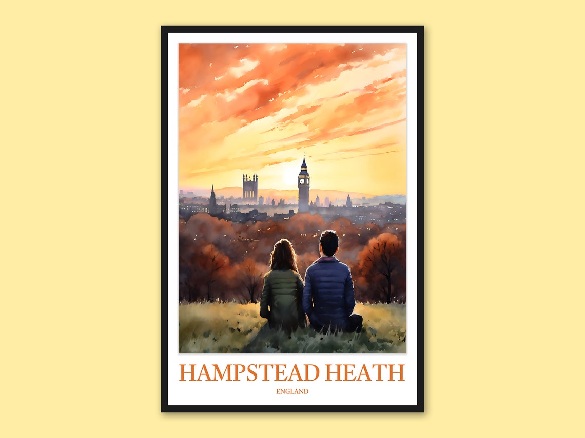 Hampstead Heath Sunset Couple London Skyline Watercolor Poster