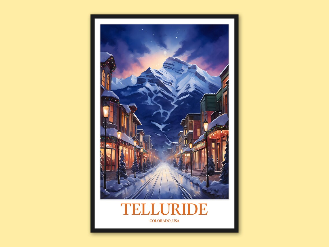 Telluride Colorado Winter Main Street Snowy Sunset Scene Poster
