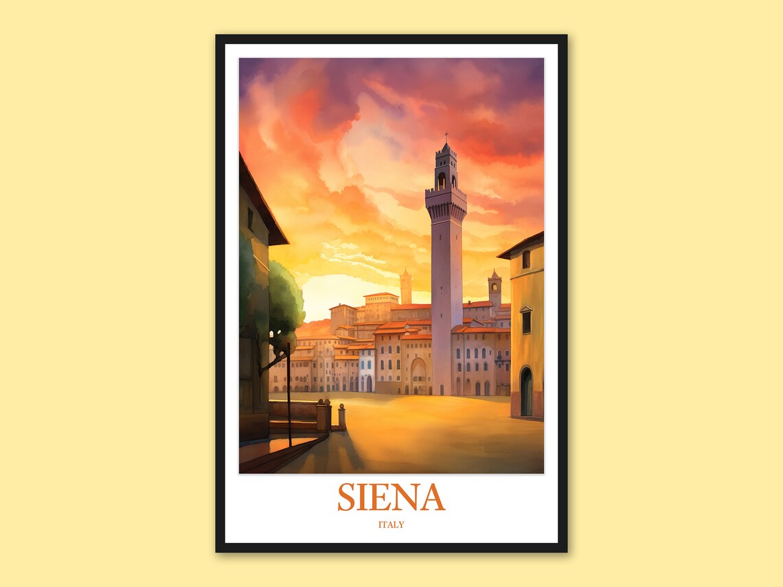 Siena Italy Piazza Del Campo Sunset Tower Watercolor Travel Poster