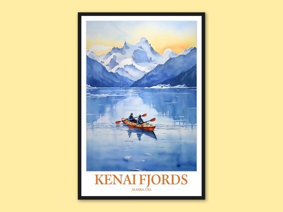 Kenai Fjords Alaska Sunrise Tandem Kayak Duo Scene Travel Poster