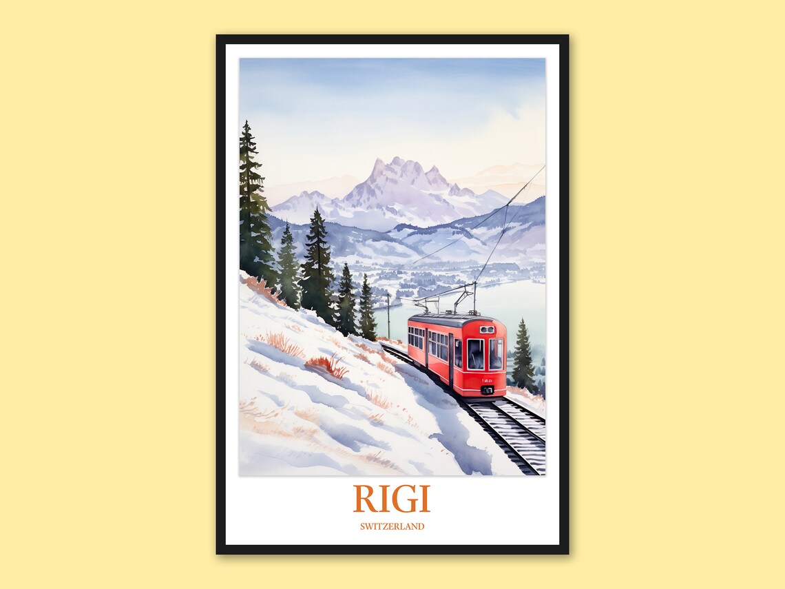 Rigi Switzerland Red Cogwheel Train Snowy Peak Travel Poster