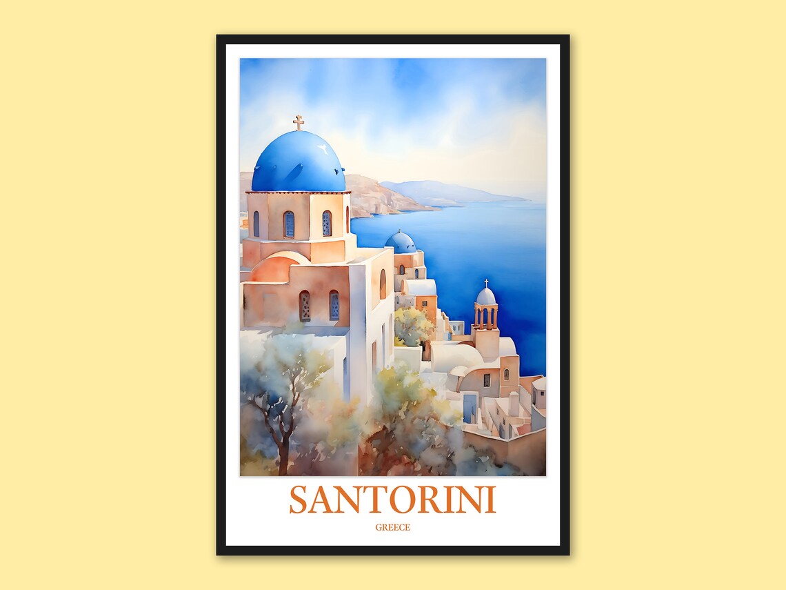 Santorini Greece Blue Dome Church Seaside Village Watercolor Poster