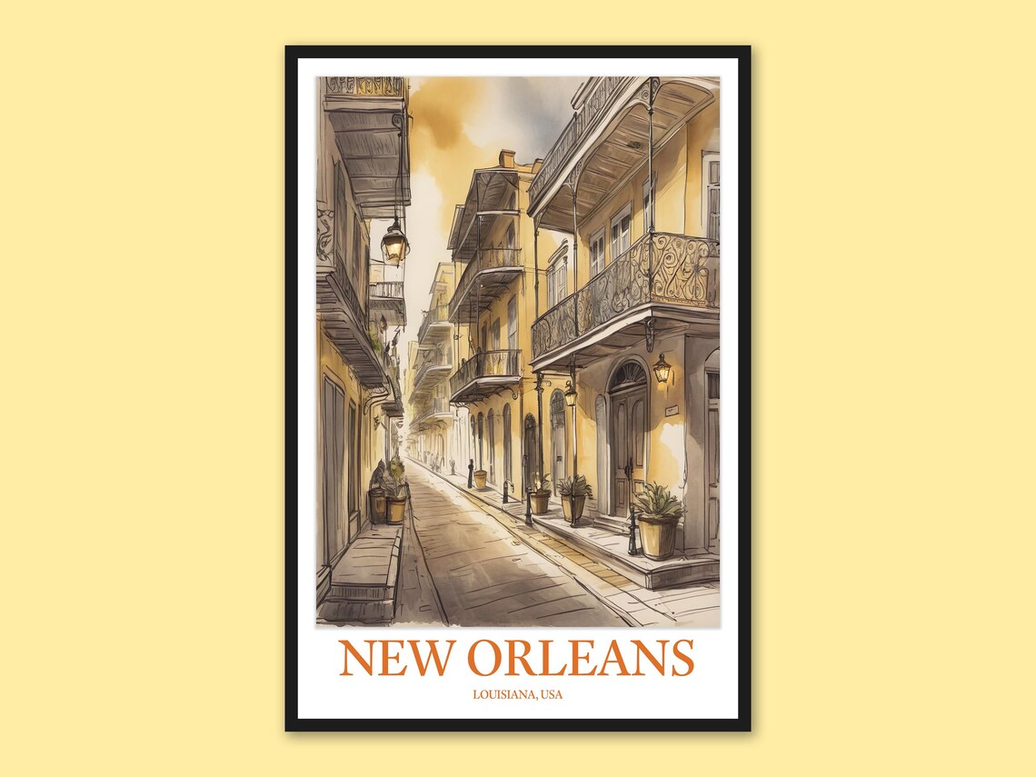 New Orleans French Quarter Balcony Street Watercolor Travel Poster