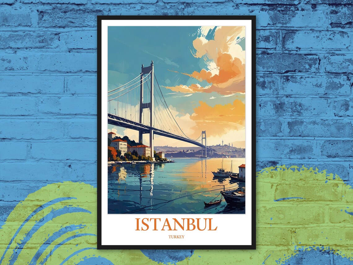 Istanbul Bosphorus Bridge Golden Sunset Calm Water Travel Poster