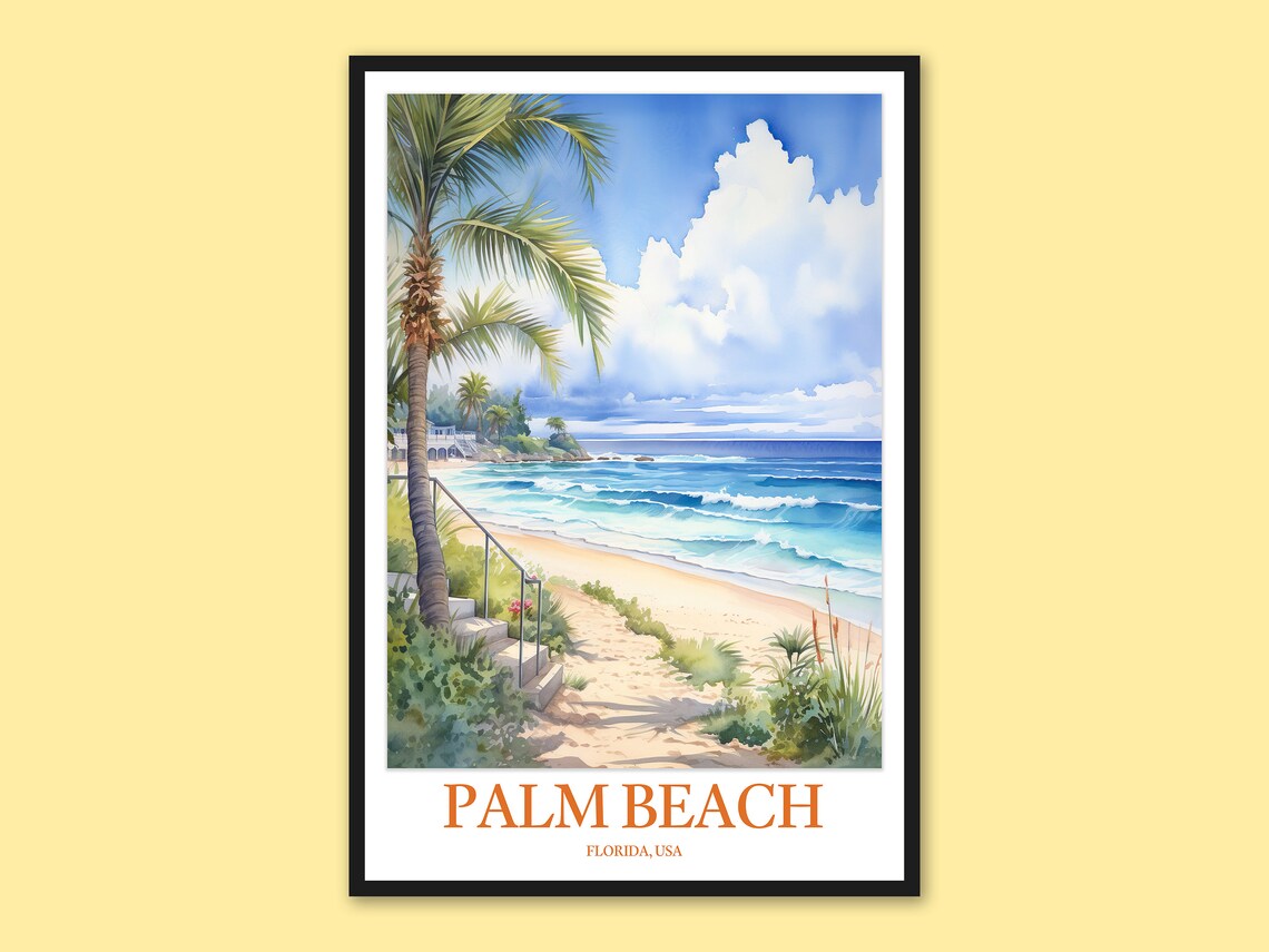 Palm Beach Florida Beach Watercolor Poster with Sandy Path and Ocean Waves