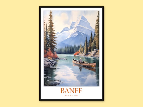 Banff National Park Autumn Lake Lone Canoe By Glacier Poster
