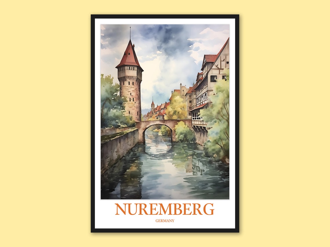 Nuremberg Germany Old Town Tower Riverfront Watercolor Poster