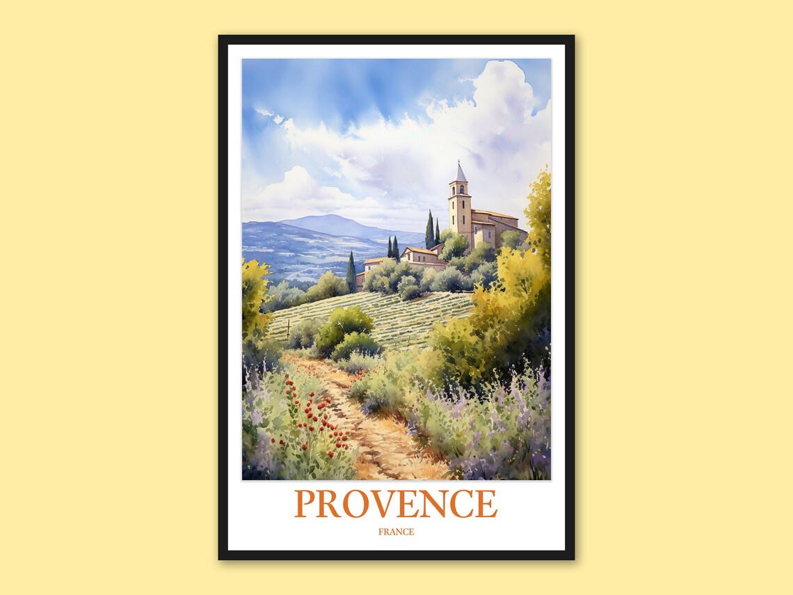 Provence Hilltop Church Lavender Path Village Watercolor Poster