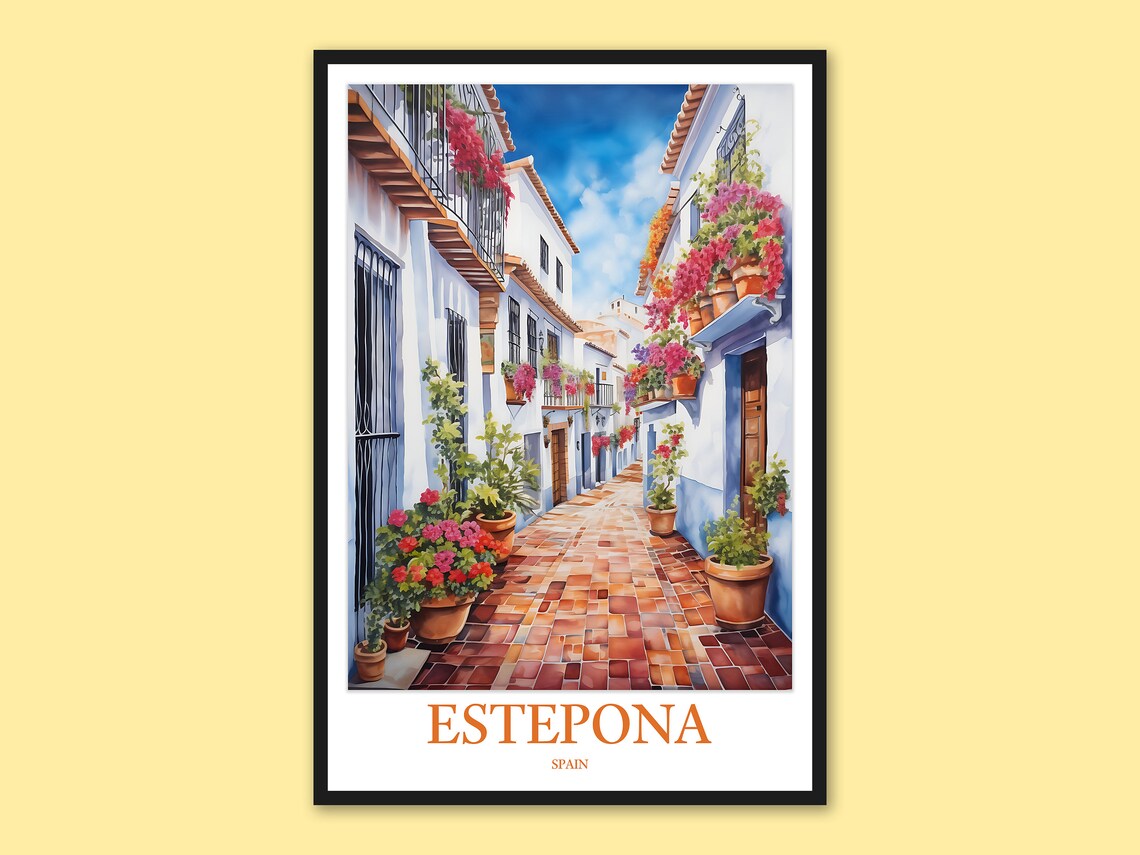 Estepona Spain Flower-Filled Cobbled Street Watercolor Travel Poster