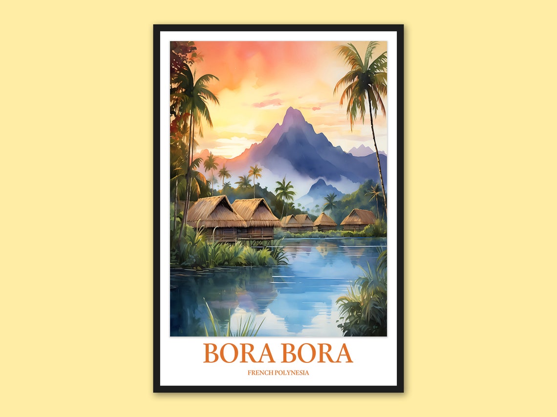 Bora Bora Lagoon Sunset Thatch Huts Palm Trees Watercolor Art Poster