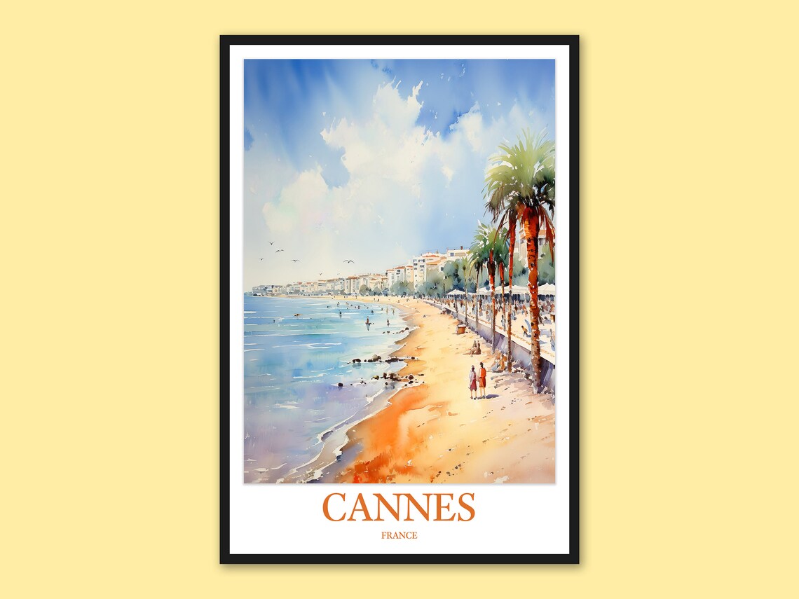 Cannes France Beach Palm Trees Daytime Watercolor Travel Poster