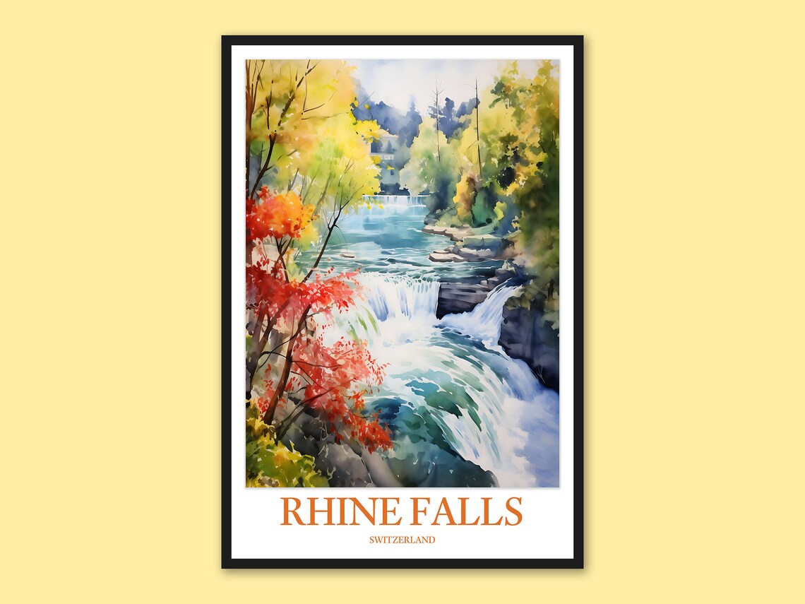 Rhine Falls Switzerland Fiery Autumn Rapids Watercolor Poster