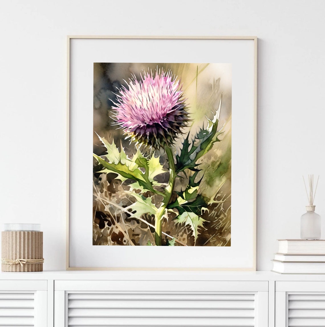 Pink Thistle Bloom Watercolor Botanical Floral Artwork Poster - Image 2