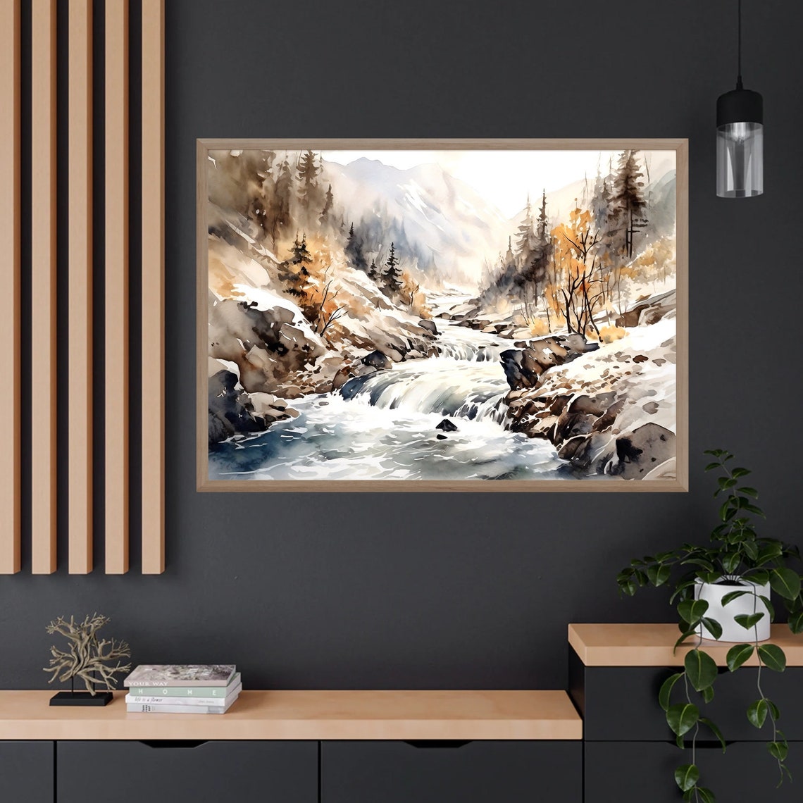 Winter Mountain Rapids Snowy Creek Watercolor Art Scene Poster - Image 4