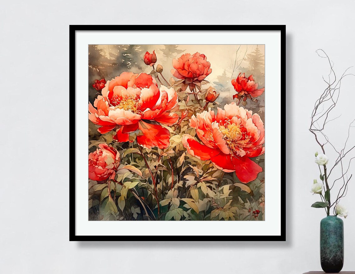 Coral Red Peonies Watercolor Lush Floral Blooms Botanical Art Print - Image 3