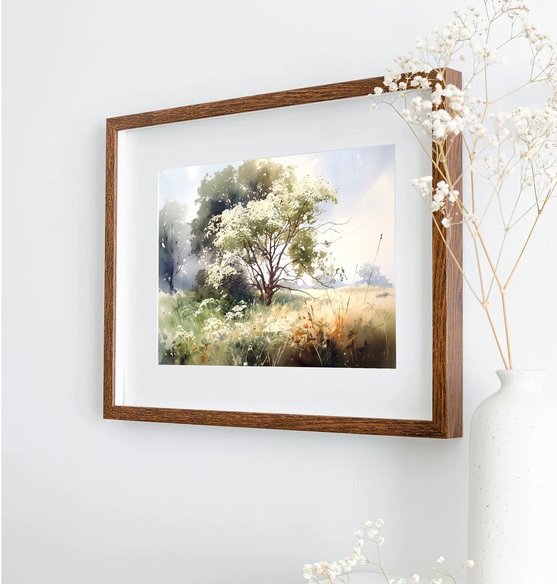 Blossoming Tree Watercolor Meadow with White Flowers and Grass Print - Image 5