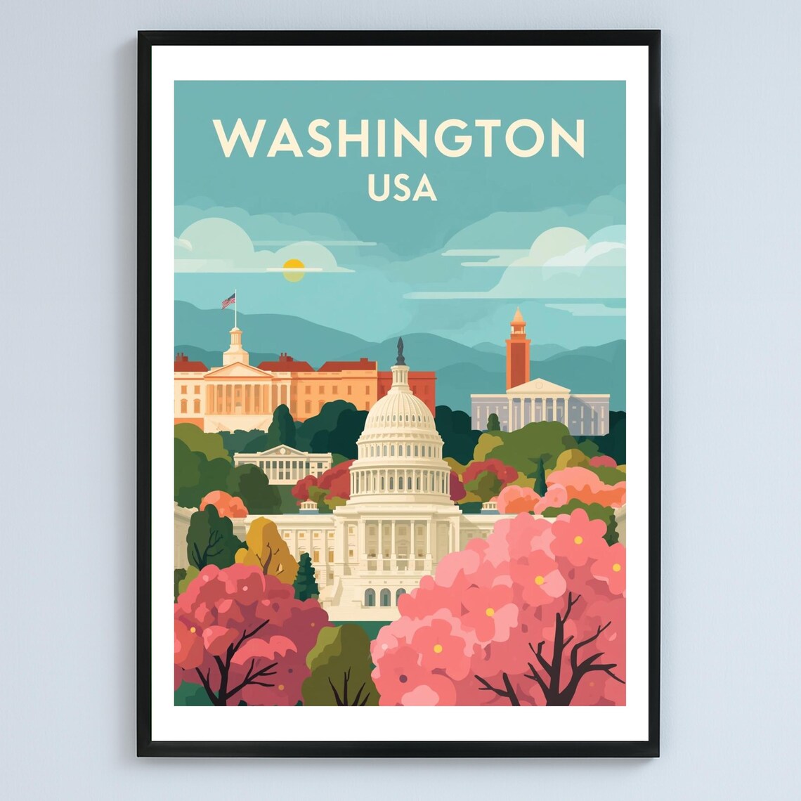 Washington Dc Art Deco Cityscape Poster Capitol Spring Illustration