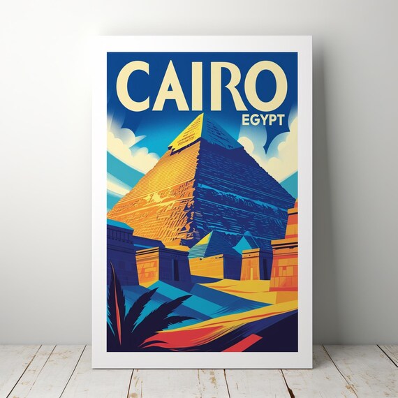 Vibrant Cairo Egypt Pyramids Vintage Travel Style Art Poster