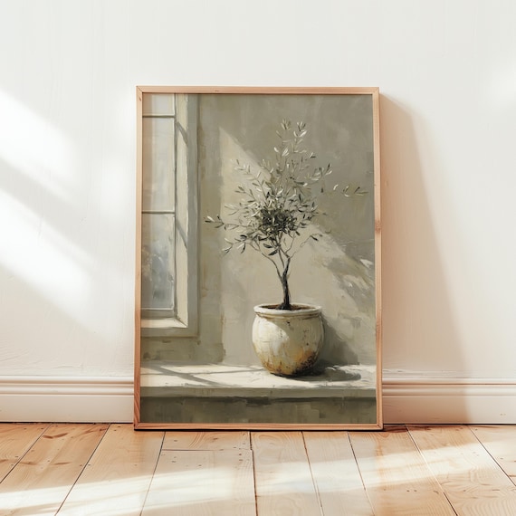 Potted Olive Tree Sunlit Window Rustic Neutral Botanical Poster